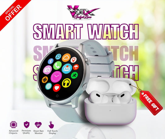 Smart watch and wireless earbuds with a colorful display, on a white background with promotional text.