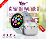 Smart watch and wireless earbuds with a colorful display, on a white background with promotional text.